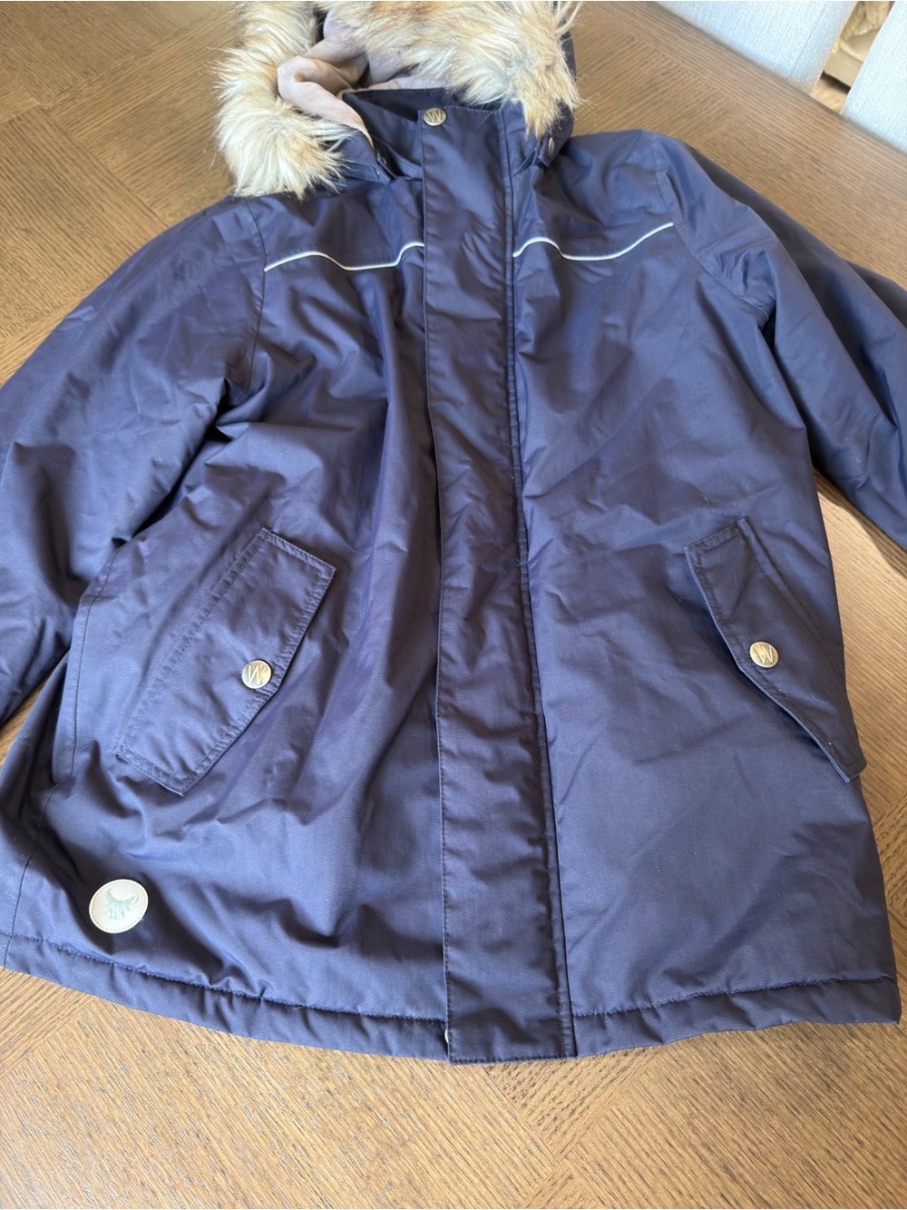 WHEAT Kids Navy Winter Parka Jacket Faux Fur Hood Size 10-12